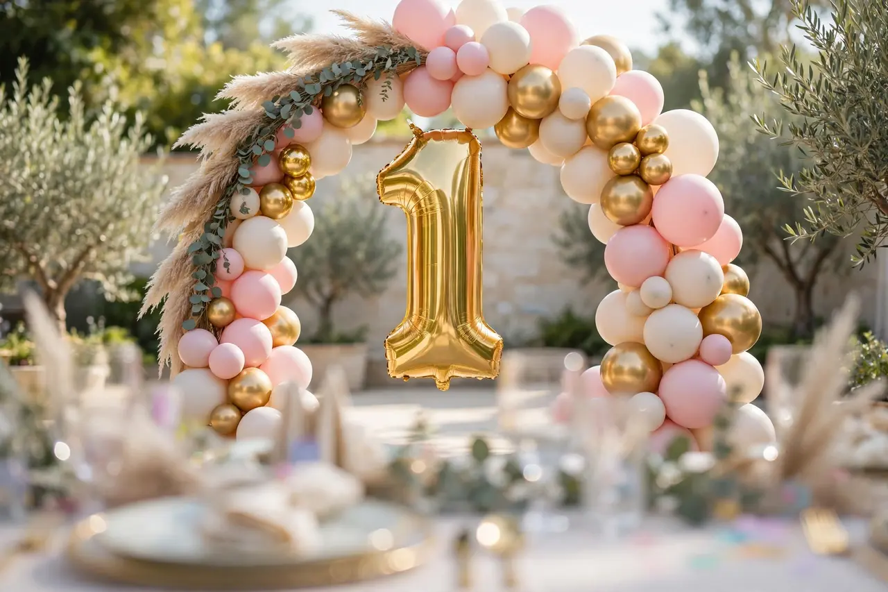 birthday backdrop ideas – pastel balloon garland arch backdrop for a first birthday party