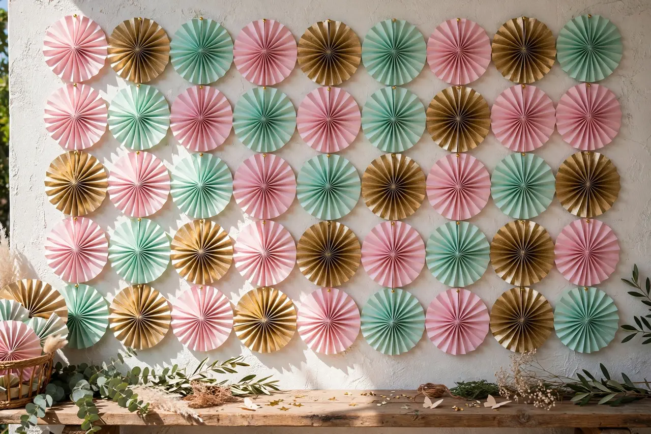 birthday backdrop ideas – DIY paper fan wall backdrop in pastel colors