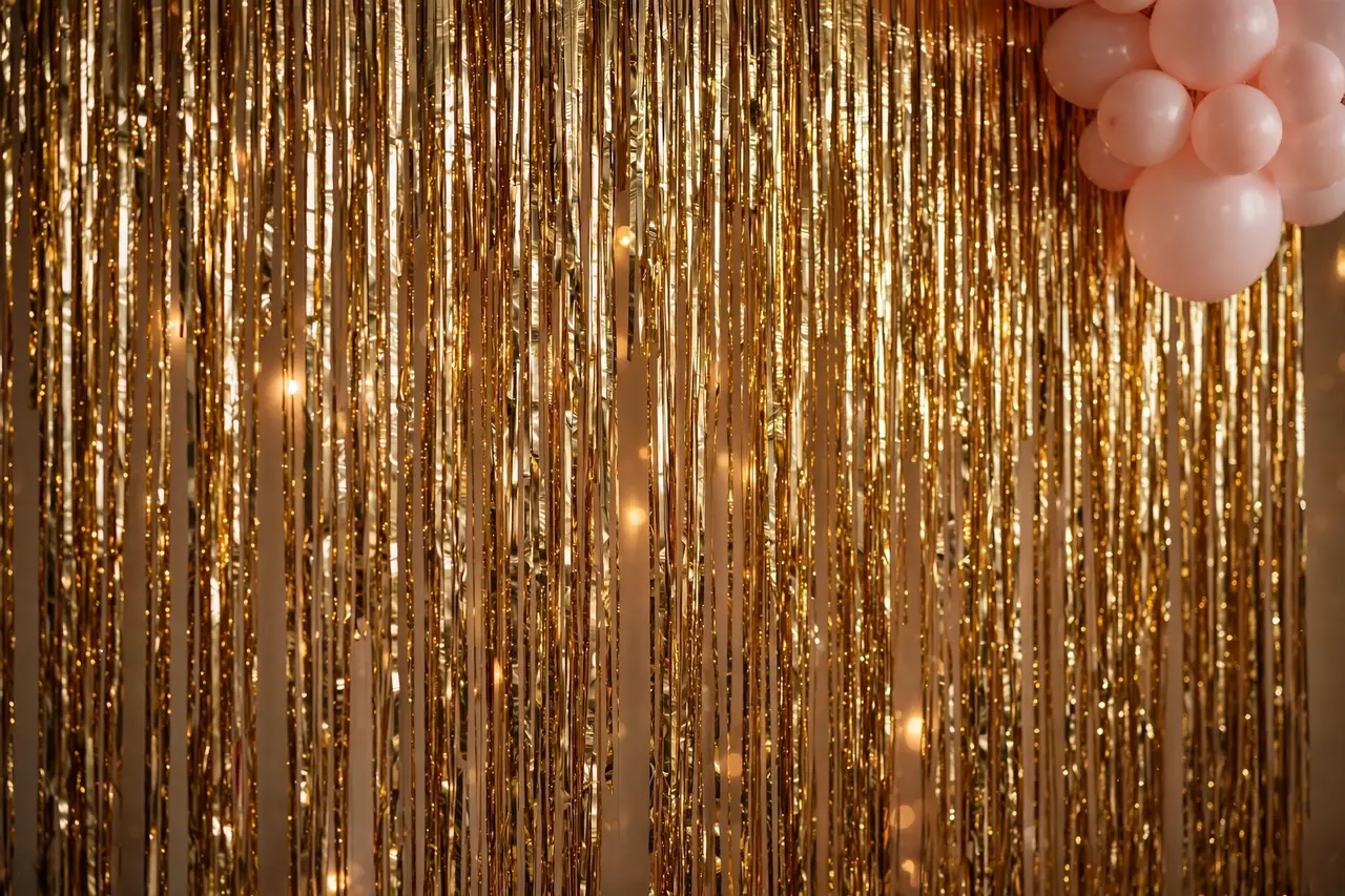 birthday backdrop ideas – gold shimmer curtain backdrop