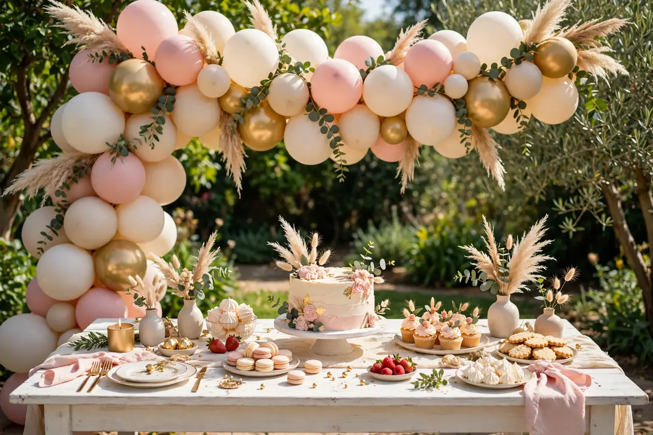 birthday backdrop ideas – dessert table backdrop with balloons