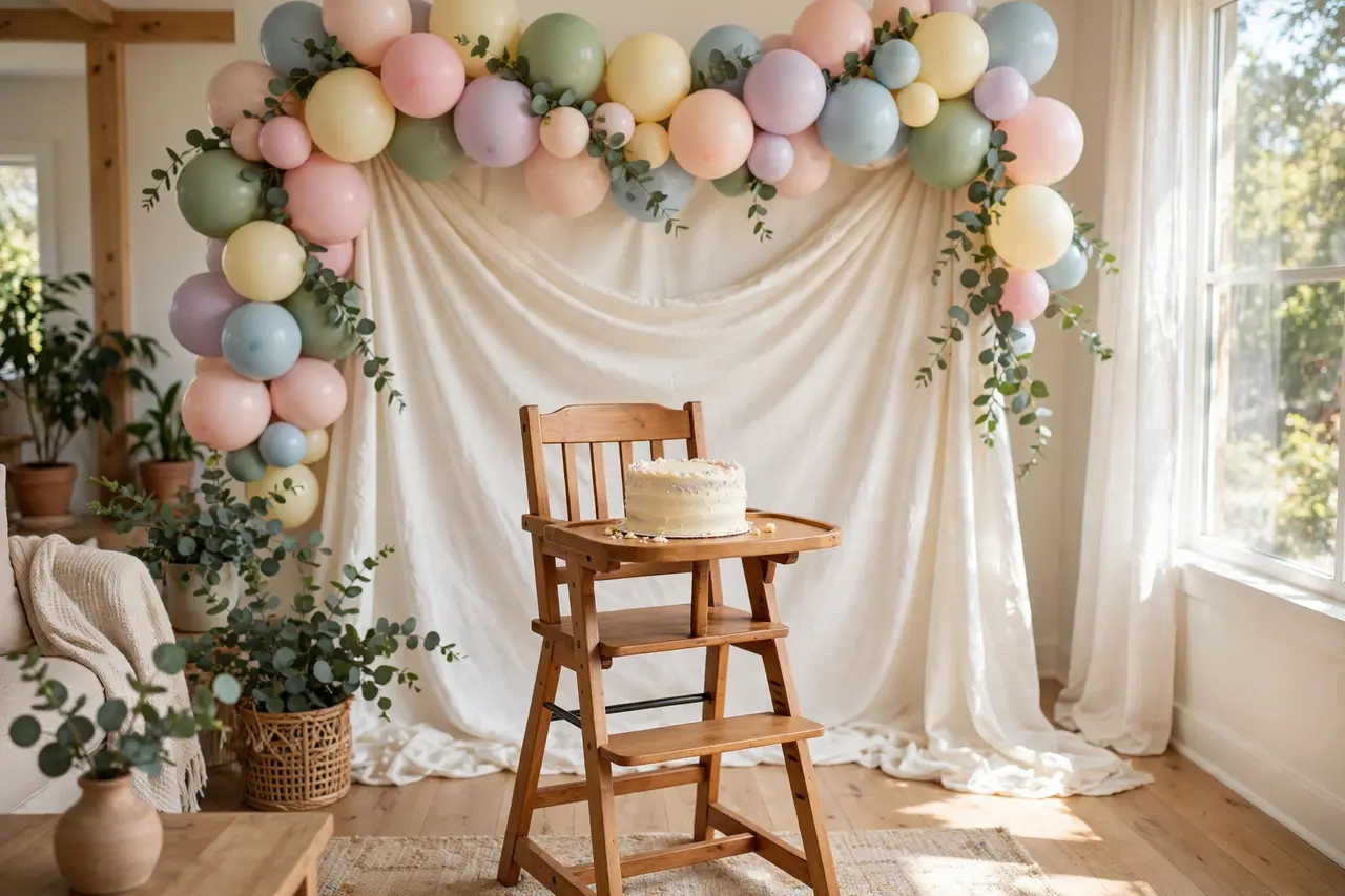 DIY at-home smash cake photoshoot backdrop with balloon garland and draped fabric