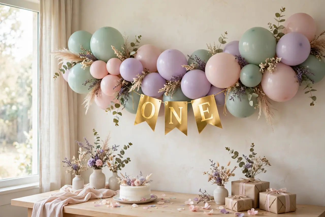 Pastel balloon garland ideas with gold ONE banner