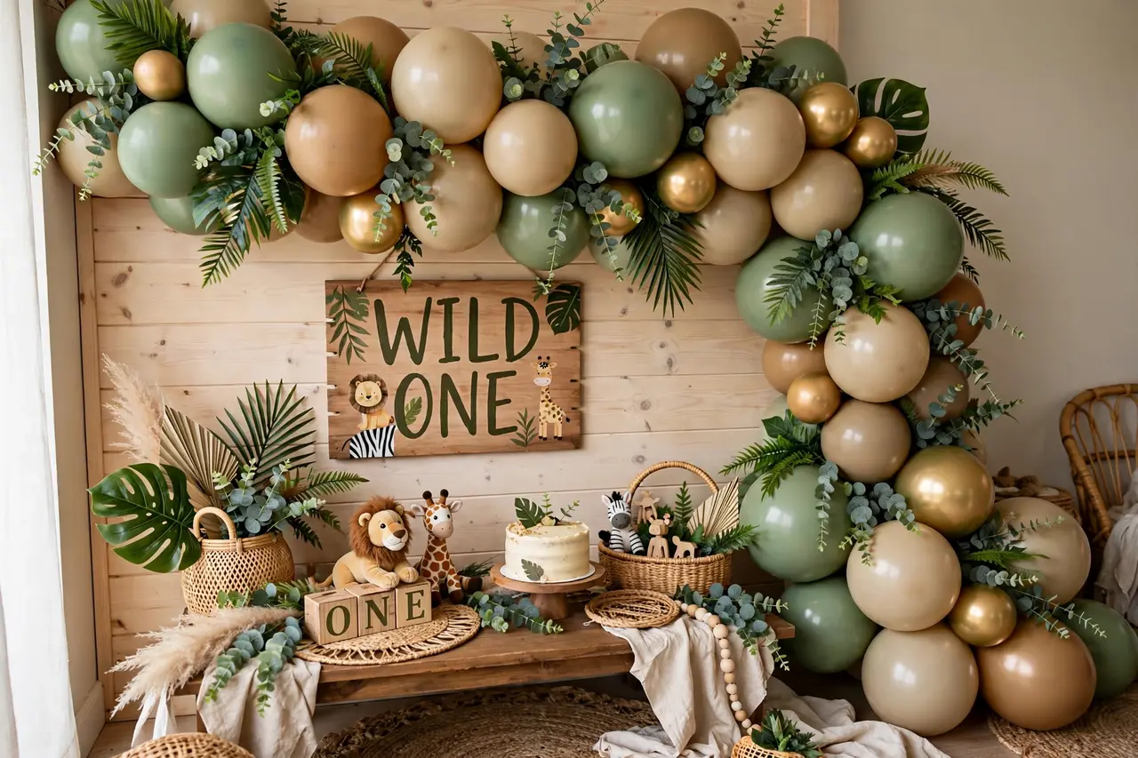 Safari balloon garland ideas: wild one theme with eucalyptus