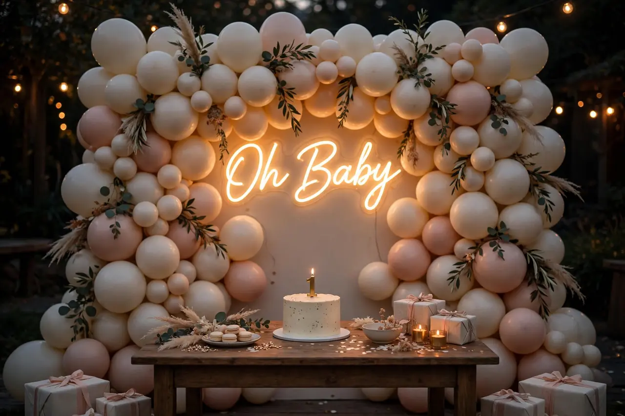 Balloon garland ideas for photo backdrops with neon sign