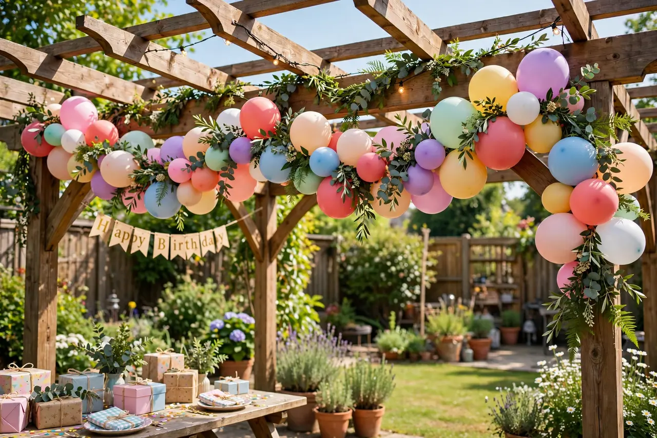 Outdoor balloon garland ideas on a garden pergola
