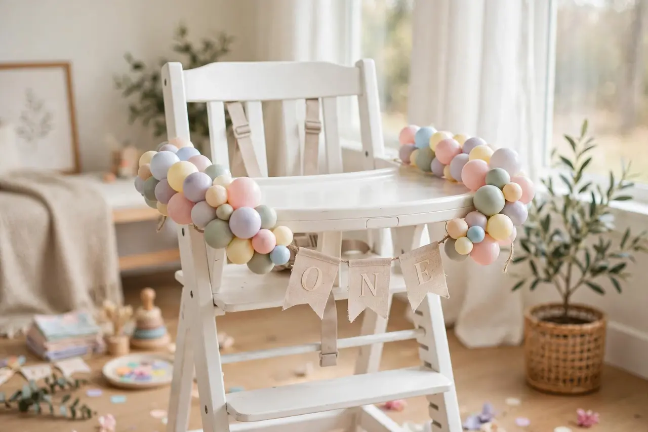 Mini balloon garland ideas for a first birthday high chair
