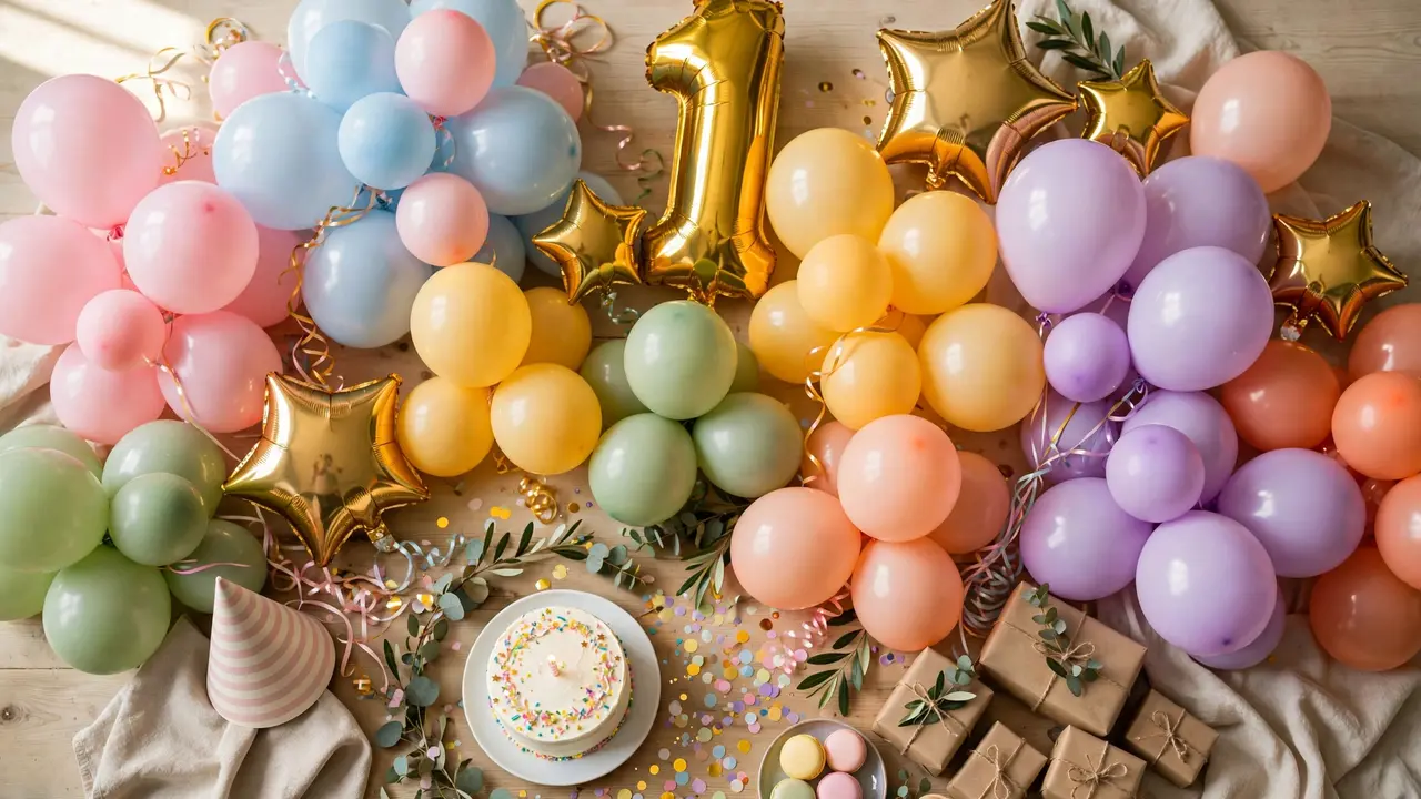 30 gorgeous birthday balloons ideas for a first birthday — pastel clusters and gold foil numbers