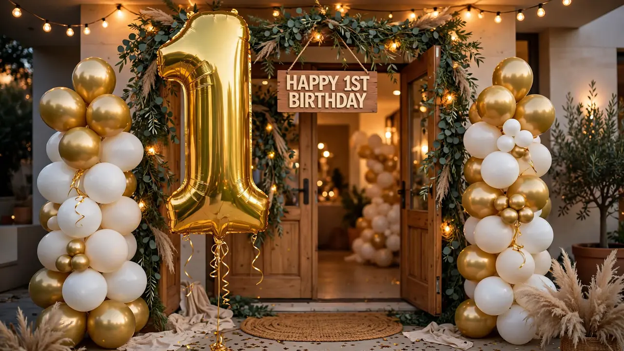Shaped foil birthday balloons — stars, moons and crowns for a themed first birthday