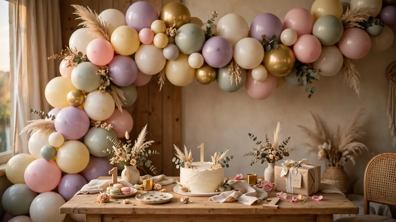 Blush pink, cream and gold birthday balloons — dreamy first birthday palette