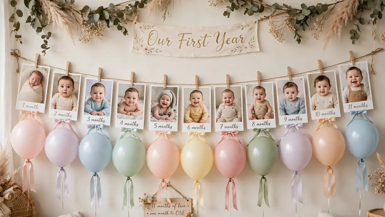 Sage green, beige and white birthday balloons — earthy wild-one theme palette