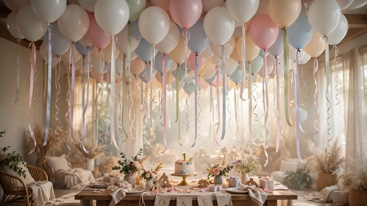 Pastel rainbow birthday balloons cluster — cheerful first birthday decor