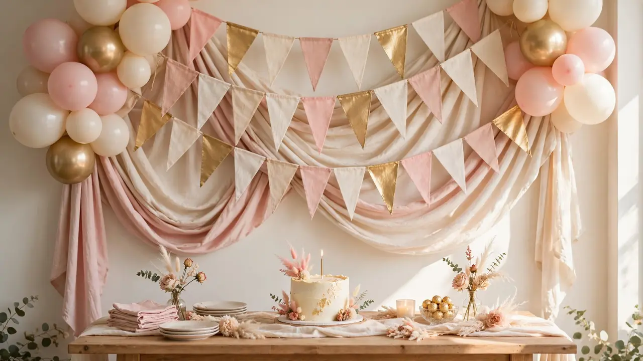 Birthday banner ideas for a first birthday — layered pennant banners, draped fabric, and pastel balloon clusters over a dessert table
