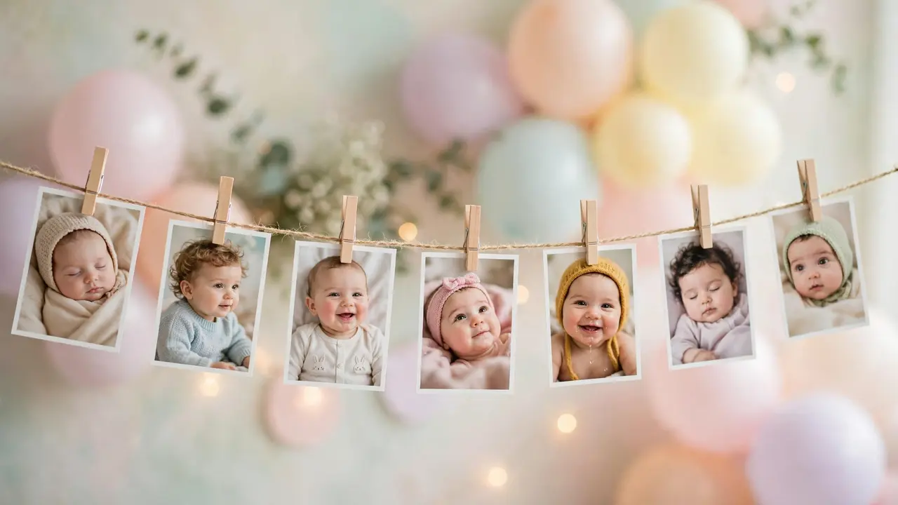 Monthly photo garland — a heartfelt birthday banner idea displaying baby's first-year photos clipped on twine