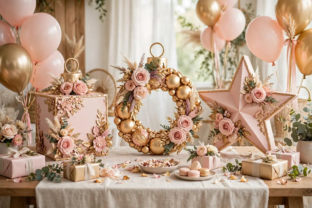 Ornate blush pink and gold decorative ornaments — elegant birthday banner ideas for a first birthday party table