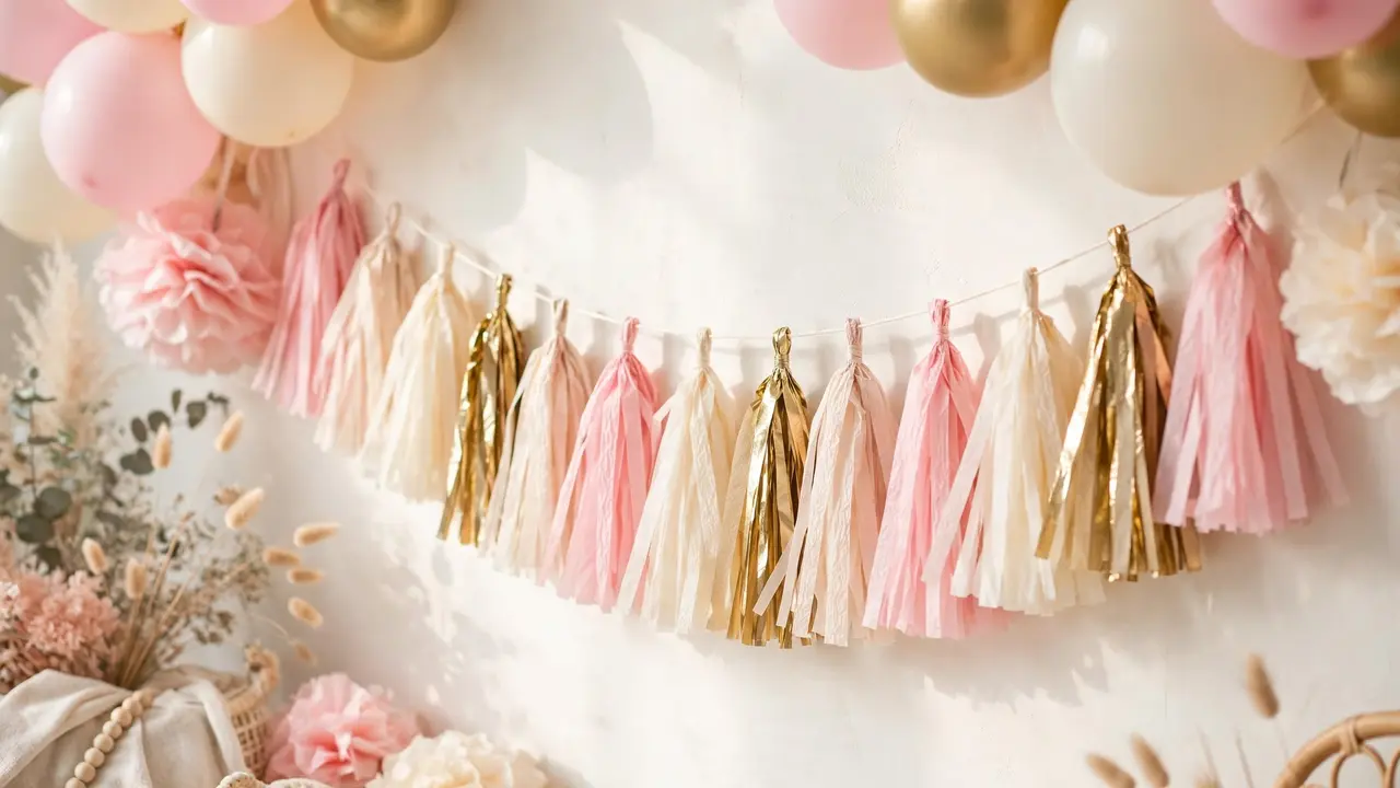 DIY paper tassel garland — budget-friendly birthday banner ideas in pastel pink, cream, and gold