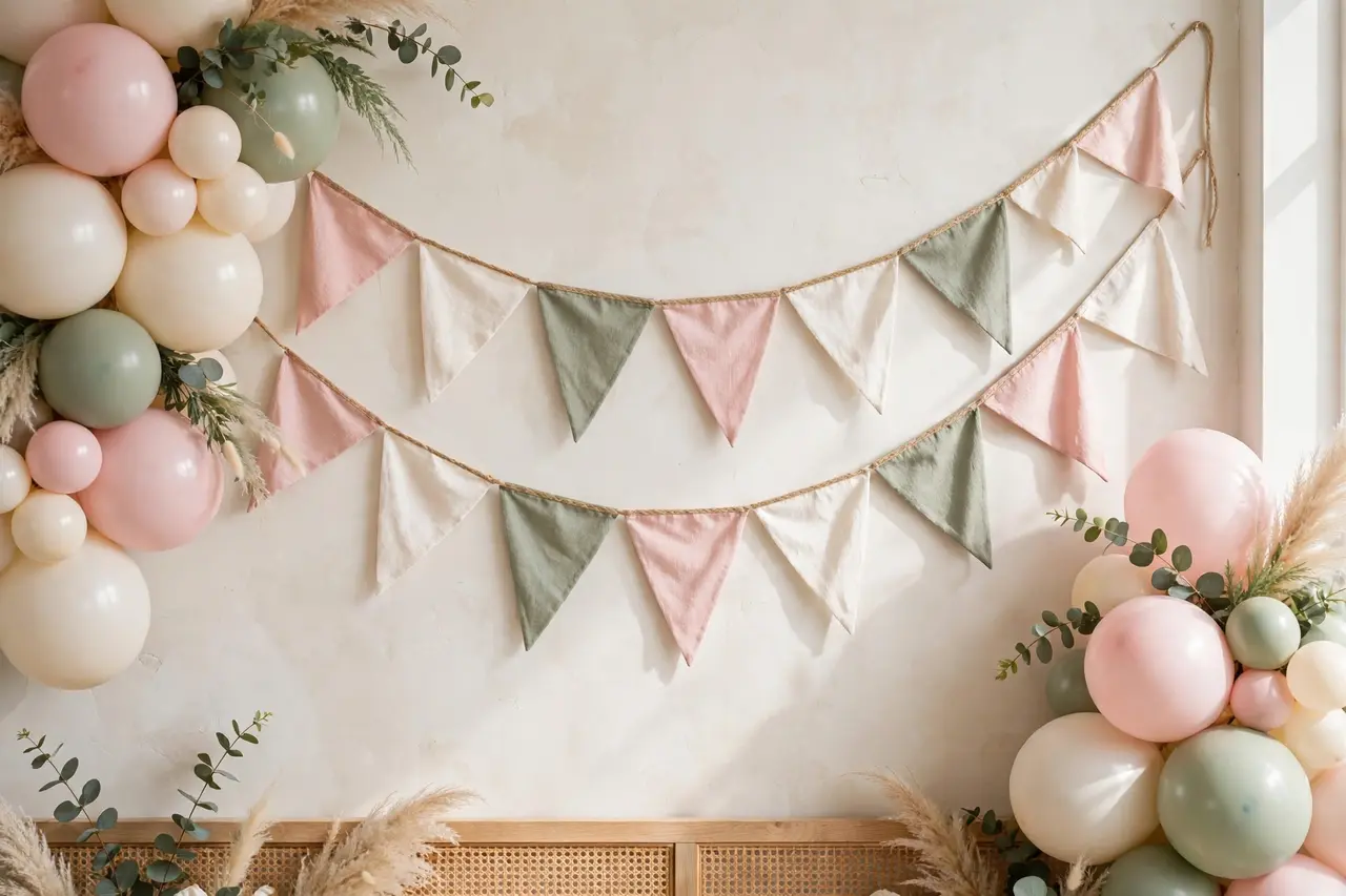 Fabric bunting birthday banner ideas in pastel pink, cream, and sage draped across a first birthday party wall