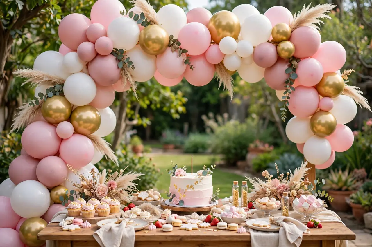 Pastel balloon garland birthday banner idea arched over a first birthday dessert table