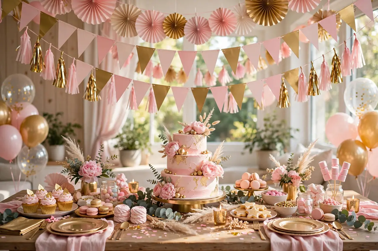 Birthday banner ideas styled above a first birthday dessert table with pastel decor and cake
