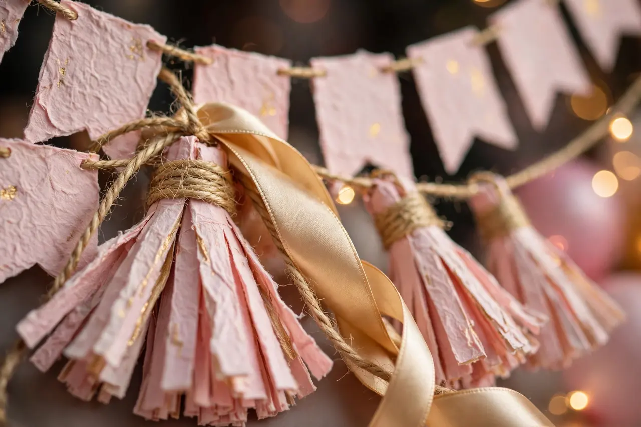 Close-up texture detail of handmade birthday banner ideas — paper tassels, ribbon, and twine