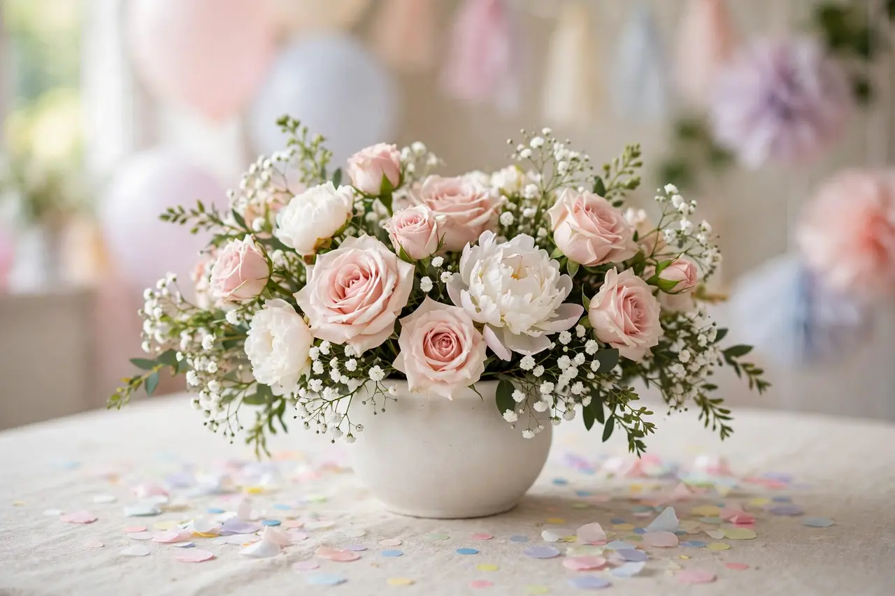 Low floral birthday centerpieces of blush roses, white peonies, and baby's breath in a white vase