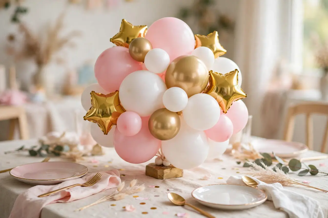 Pastel pink, white, and gold balloon cluster birthday centerpieces on a party table