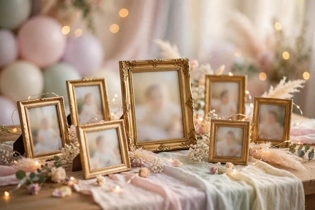 Framed baby photo birthday centerpieces with fairy lights for a first birthday memory table