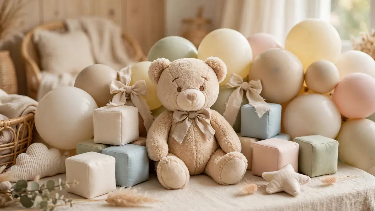 Teddy bear and pastel balloon birthday centerpieces for a first birthday party theme