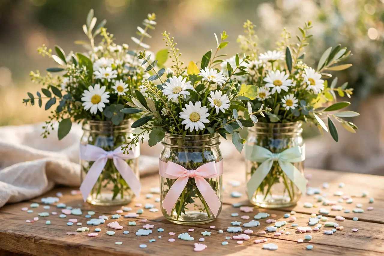 DIY mason jar birthday centerpieces wrapped in ribbon with white daisies