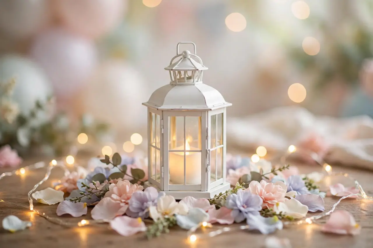 White lantern with LED candle birthday centerpieces surrounded by petals and fairy lights