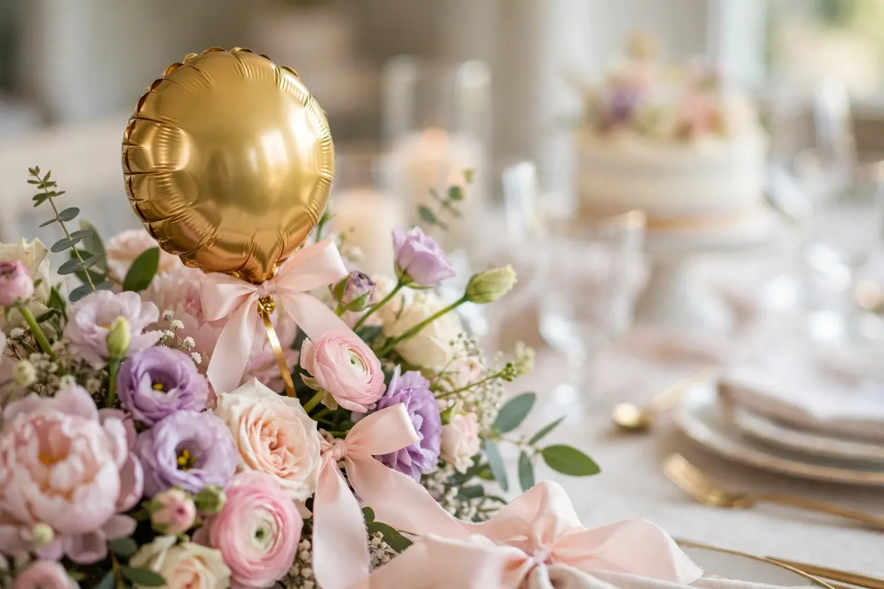 Close-up detail of pastel floral birthday centerpieces on an elegant first birthday table setting