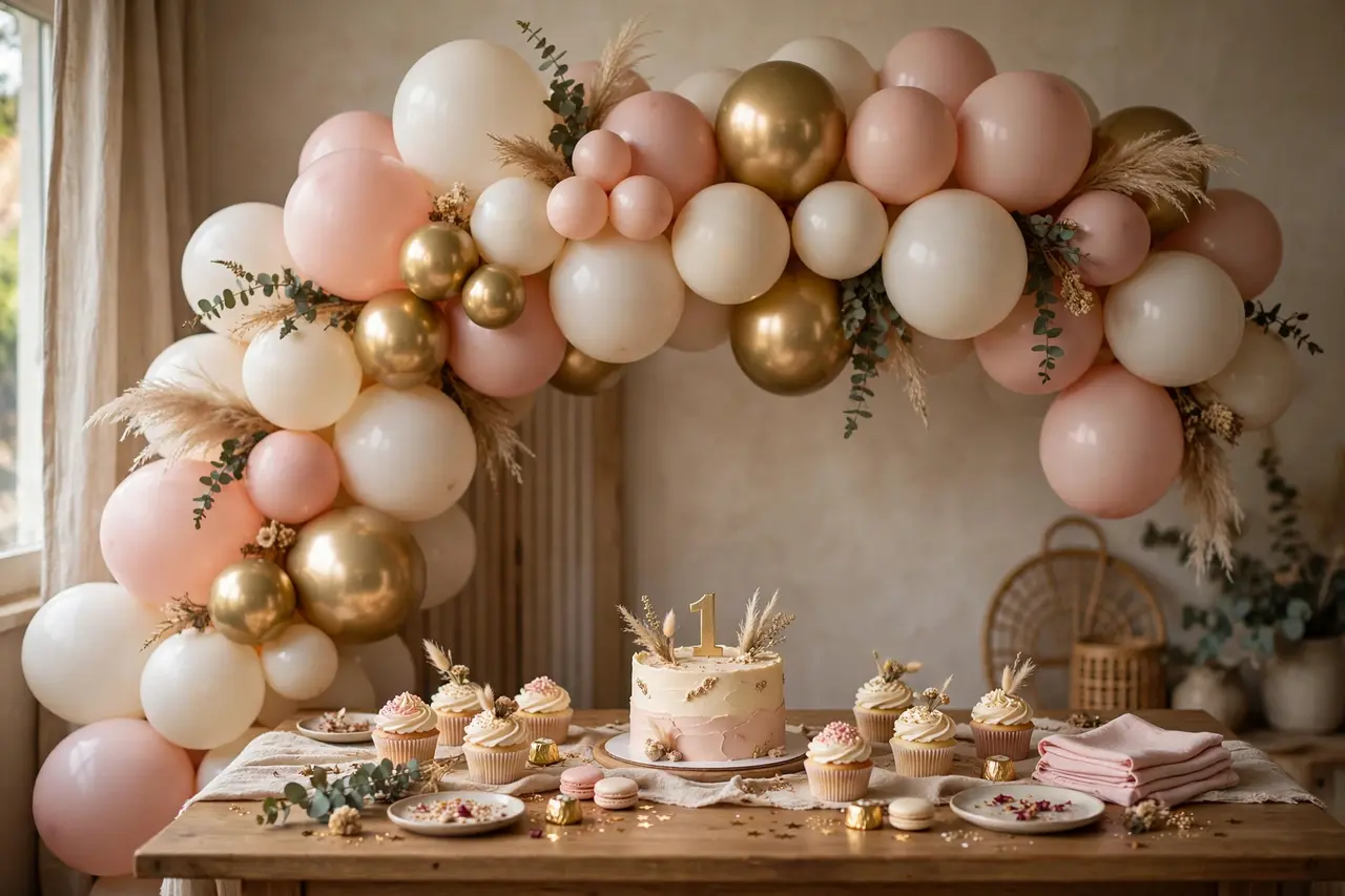 Balloon birthday decorations: organic garland arch over dessert table