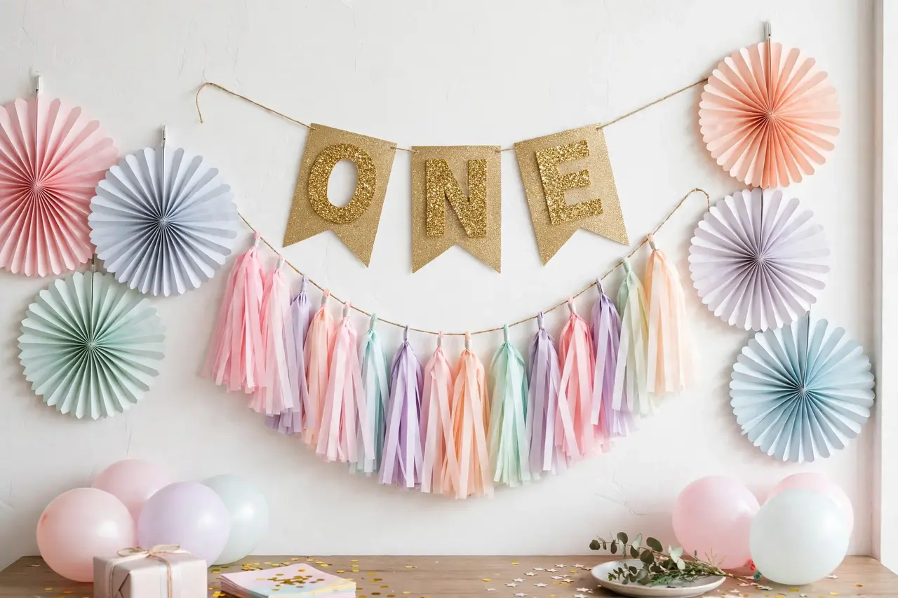 First birthday decorations: gold ONE banner with tassel garland wall
