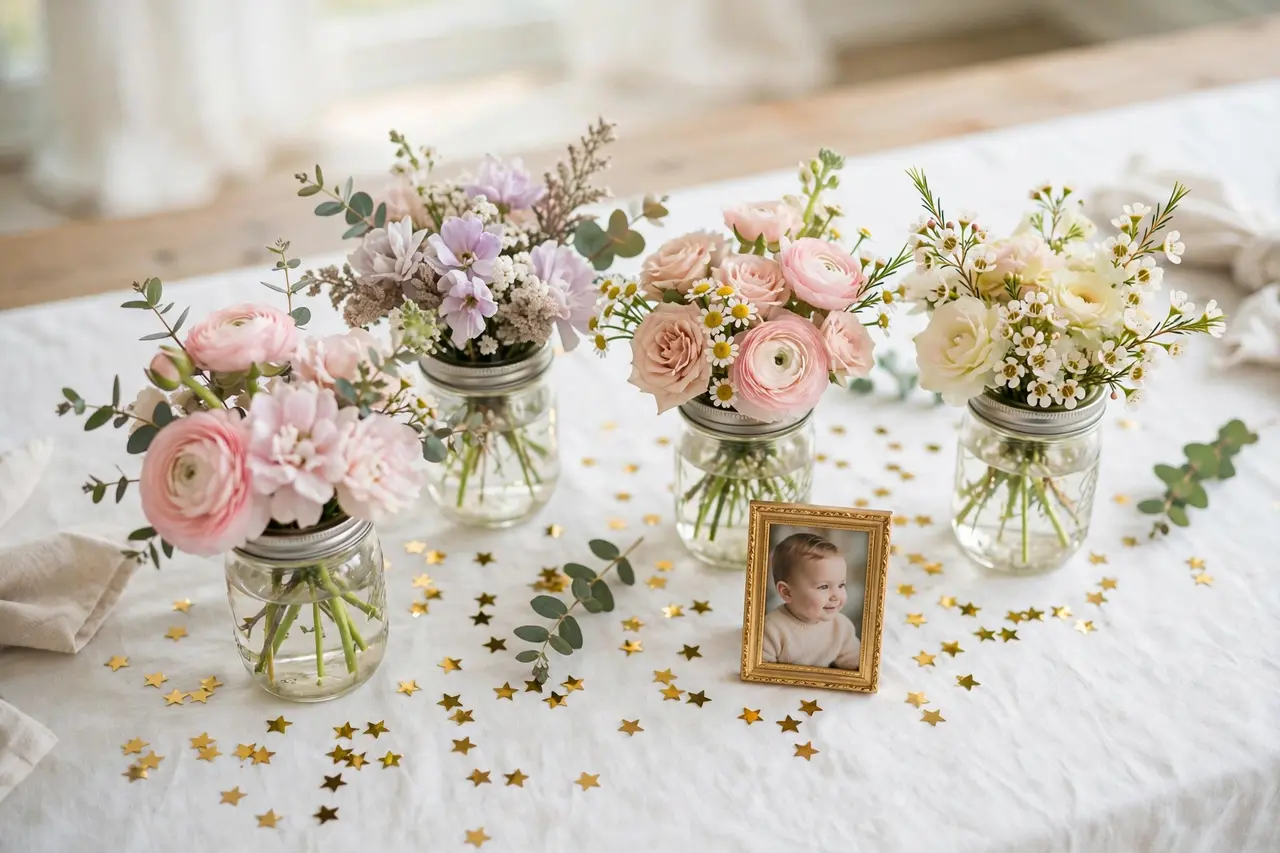 Birthday decorations table centerpieces: mason jar flowers and confetti