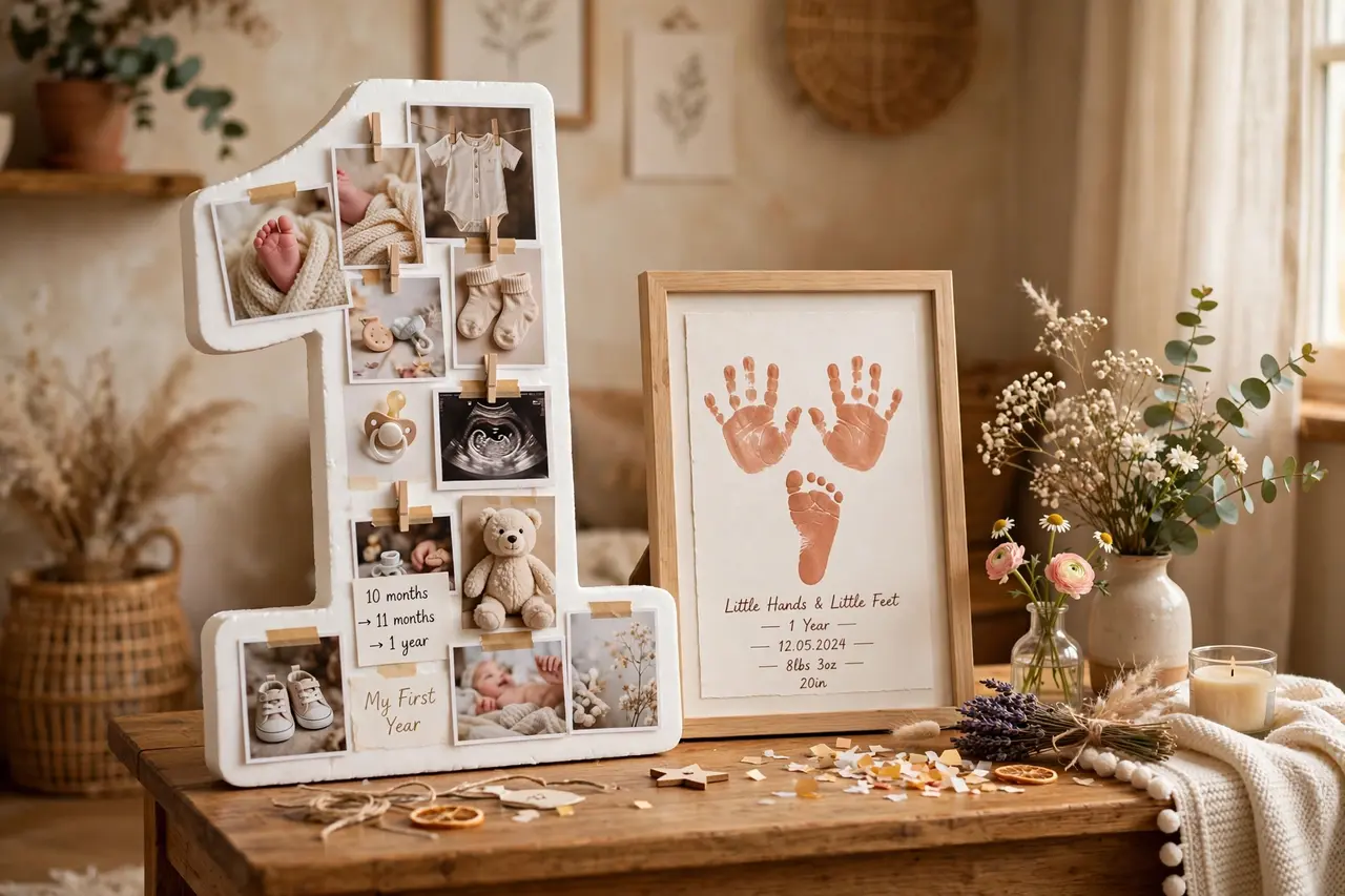 DIY birthday decorations: photo collage and handprint art display