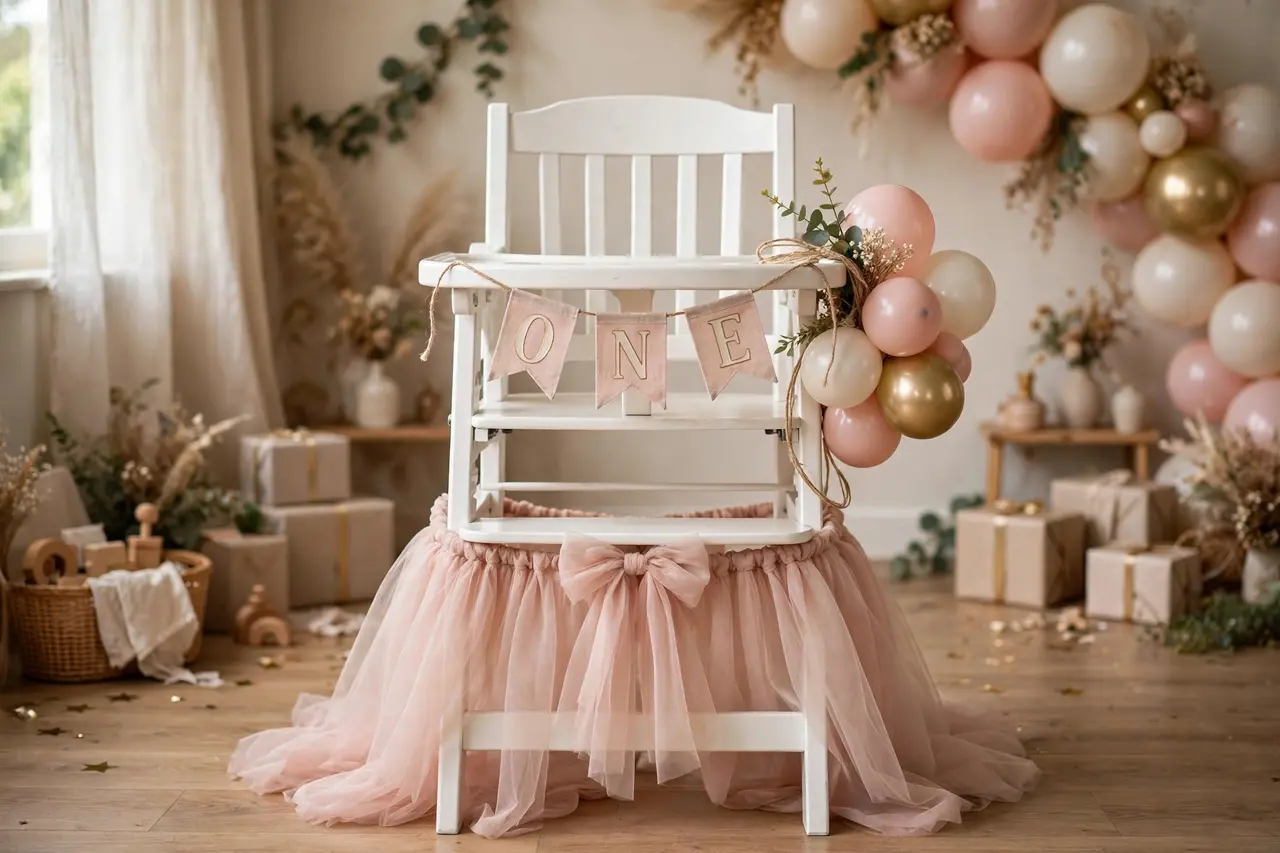 Birthday decorations for high chair: tulle skirt throne with balloons