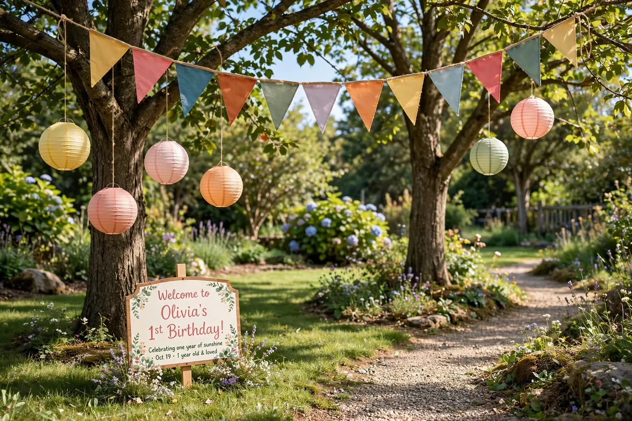 Outdoor birthday decorations: bunting between trees and lawn sign