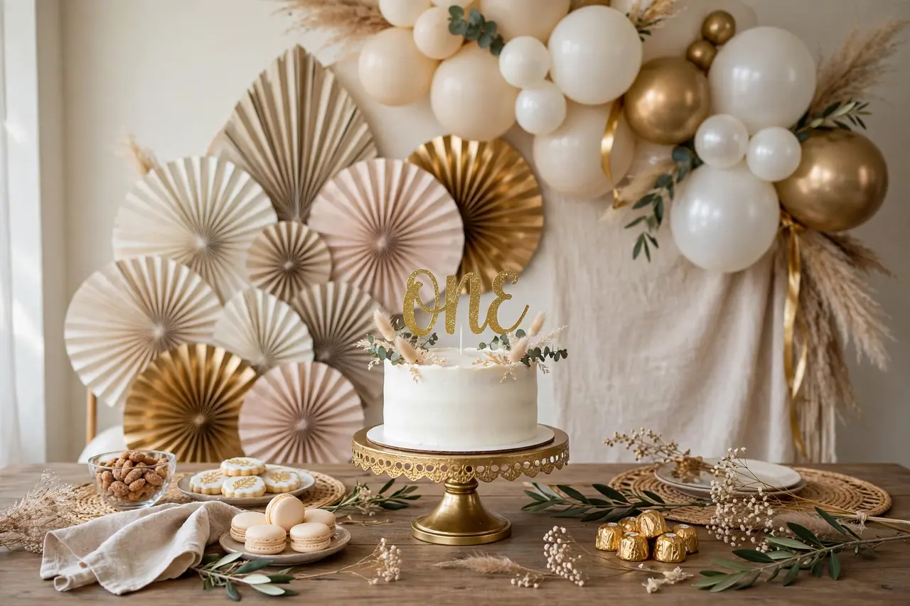 First birthday decorations: cake table with glitter ONE topper