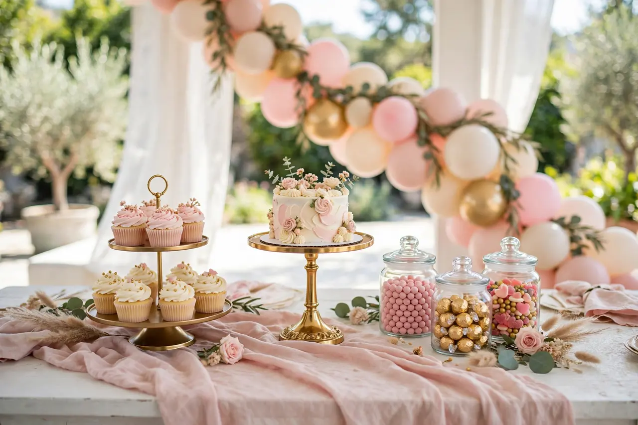 Gorgeous first birthday dessert table with a smash cake on a gold stand, pastel cupcakes, and candy jars under a pink and gold balloon garland