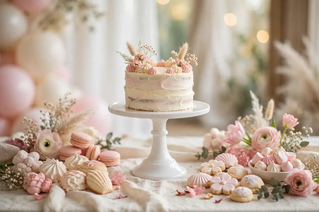 Small smash cake on a tall white stand as the centerpiece of a first birthday dessert table