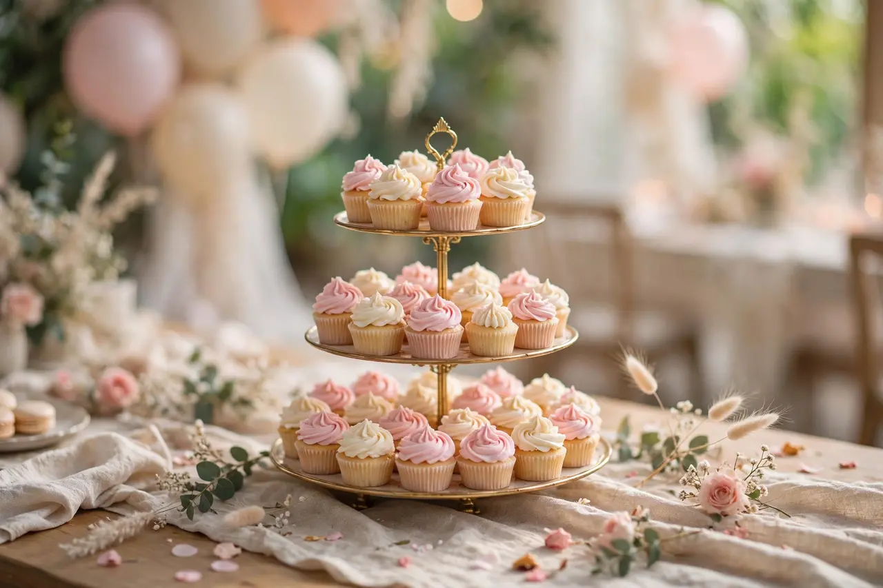 Three-tier stand of pastel pink and cream mini cupcakes for a first birthday dessert table
