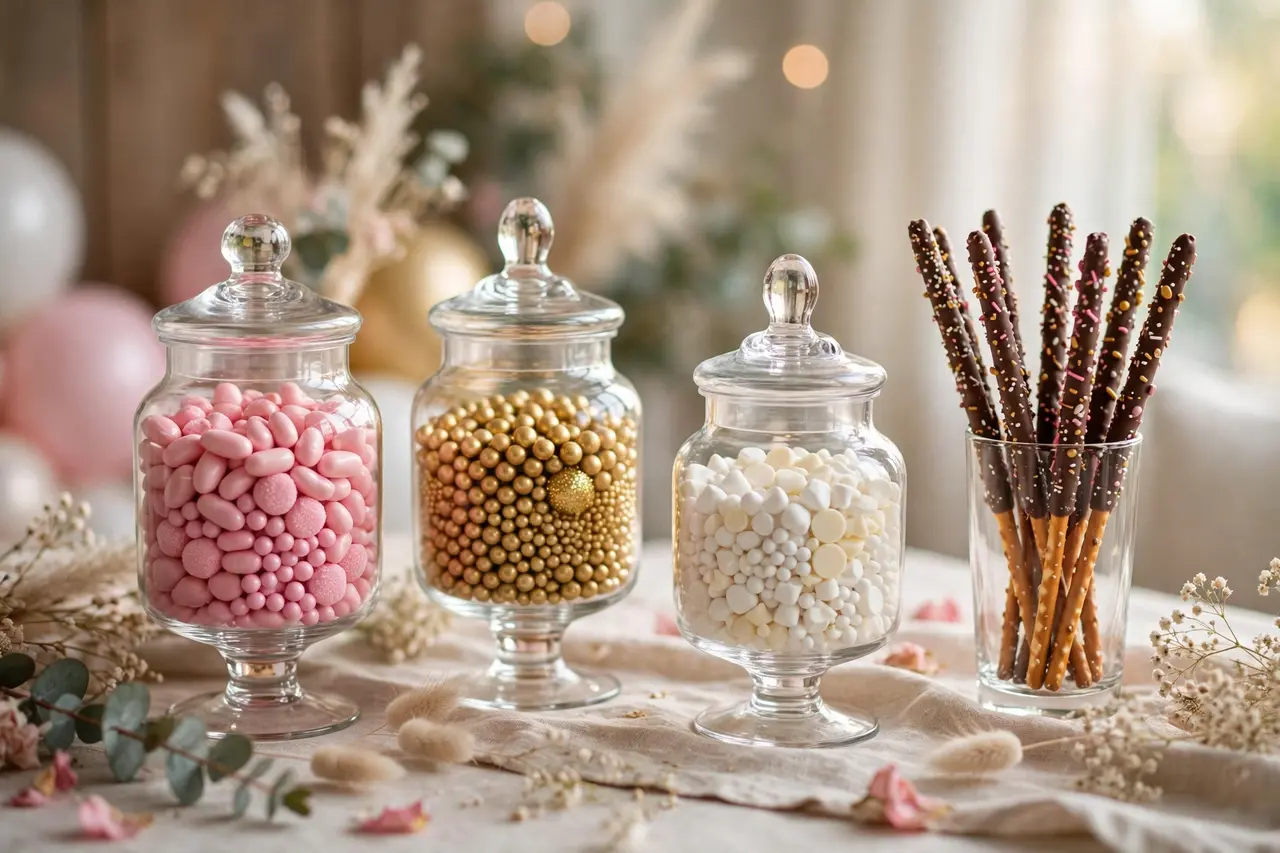 Glass candy jars and chocolate-dipped pretzel sticks styled on a birthday dessert table