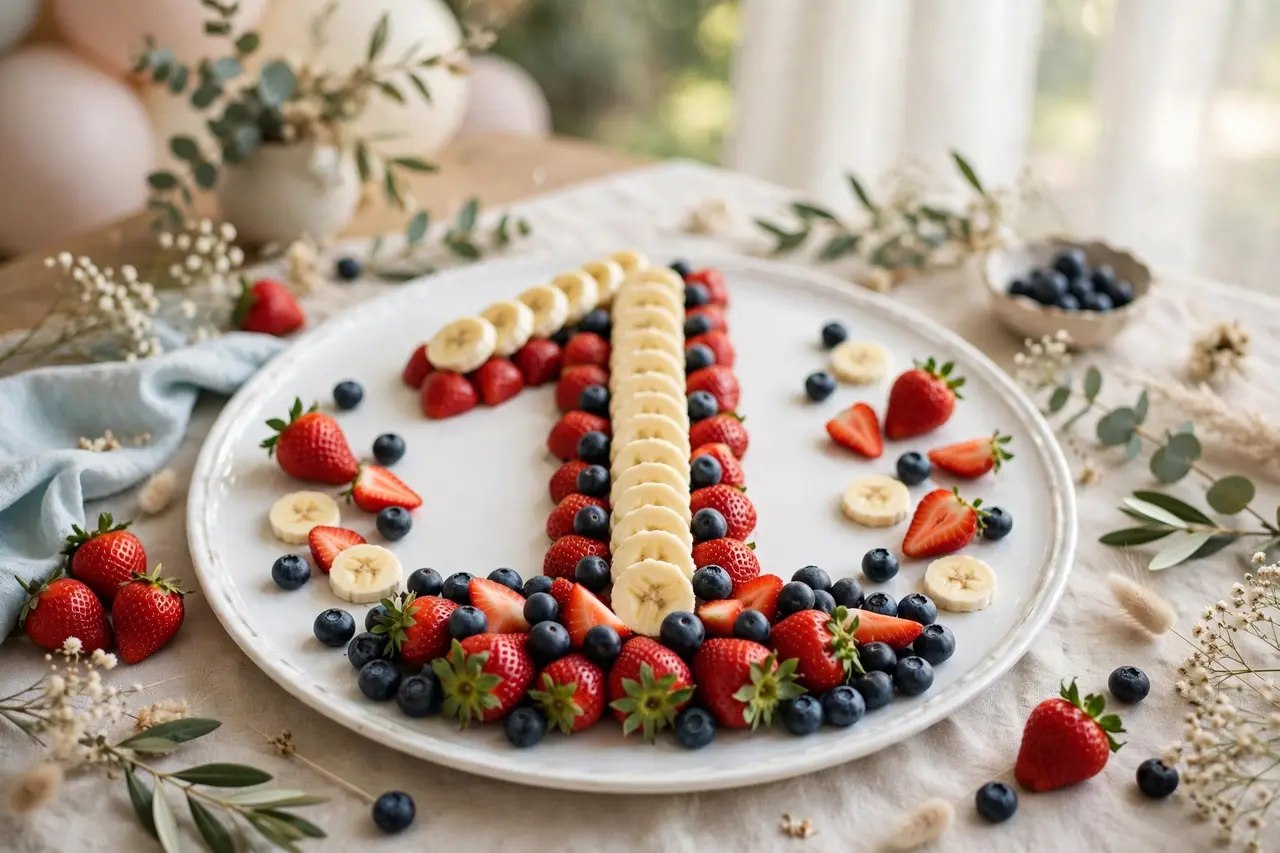 Fruit platter shaped like a number one with strawberries, blueberries, and banana slices for a first birthday dessert table