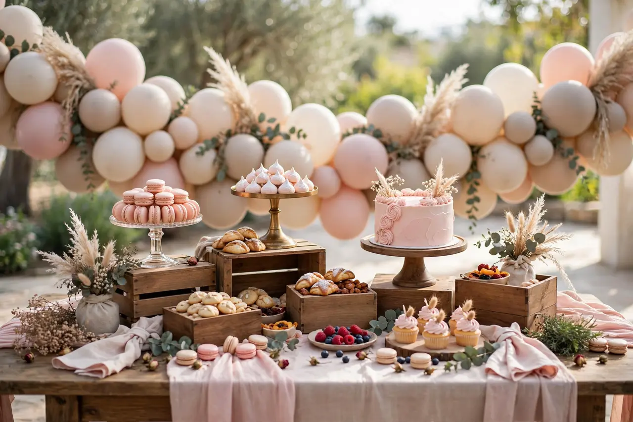 Styled birthday dessert table with treats at different heights, blush pink runner, and balloon garland backdrop