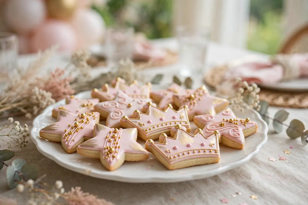 Decorated star and crown sugar cookies with pastel icing on a first birthday dessert table