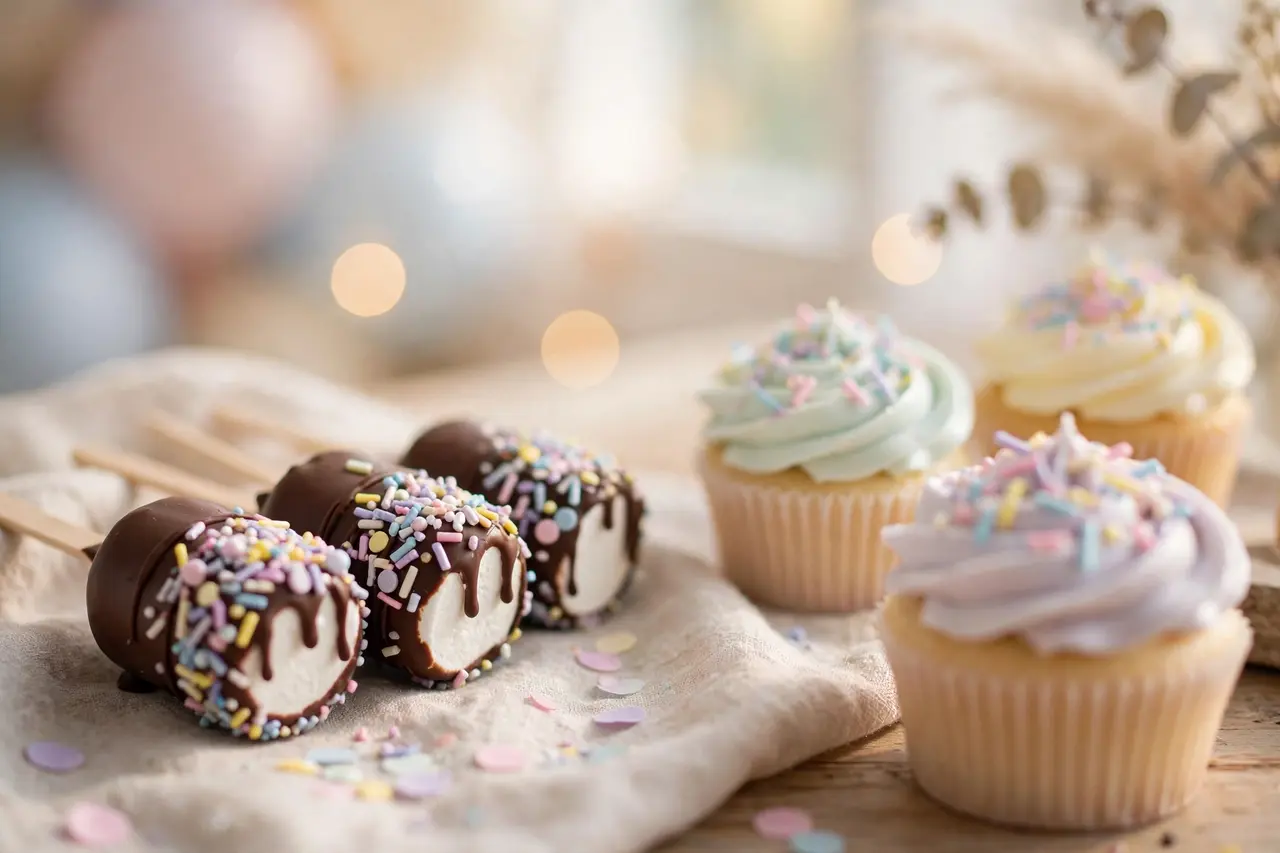 Close-up of chocolate-dipped marshmallow pops and pastel cupcakes with sprinkles on a birthday dessert table