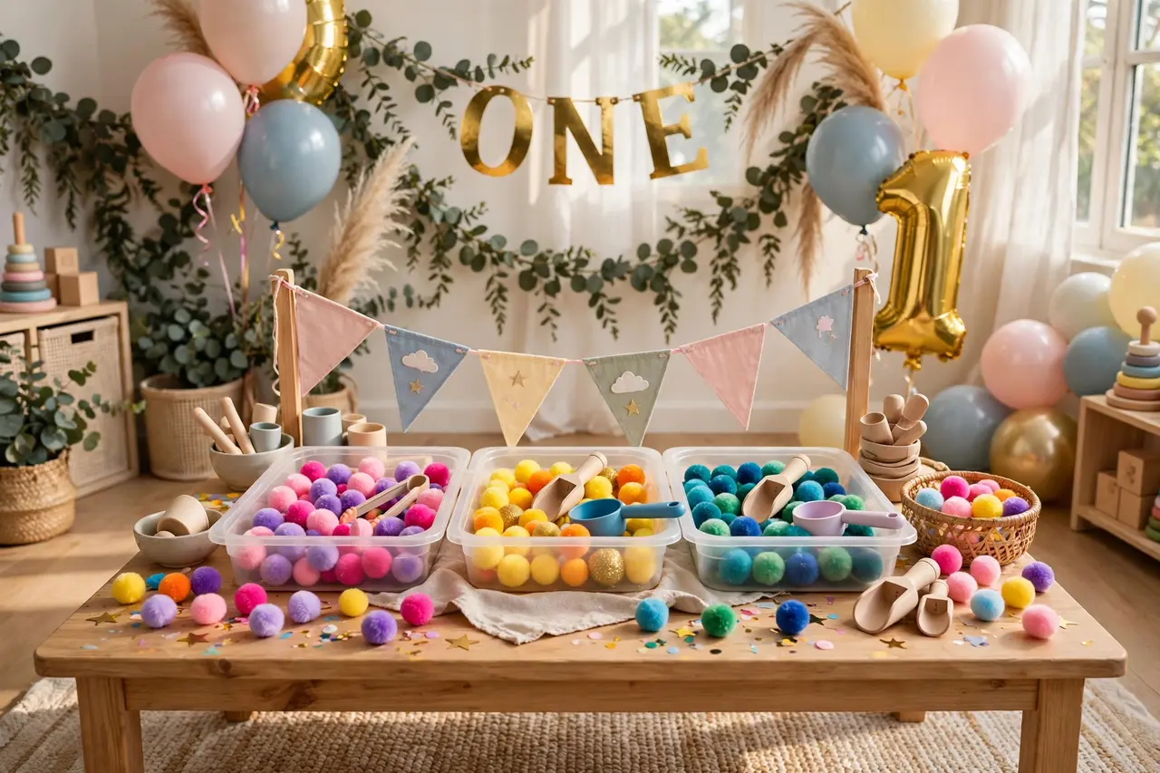 Sensory birthday party games: pom-pom bins for toddlers