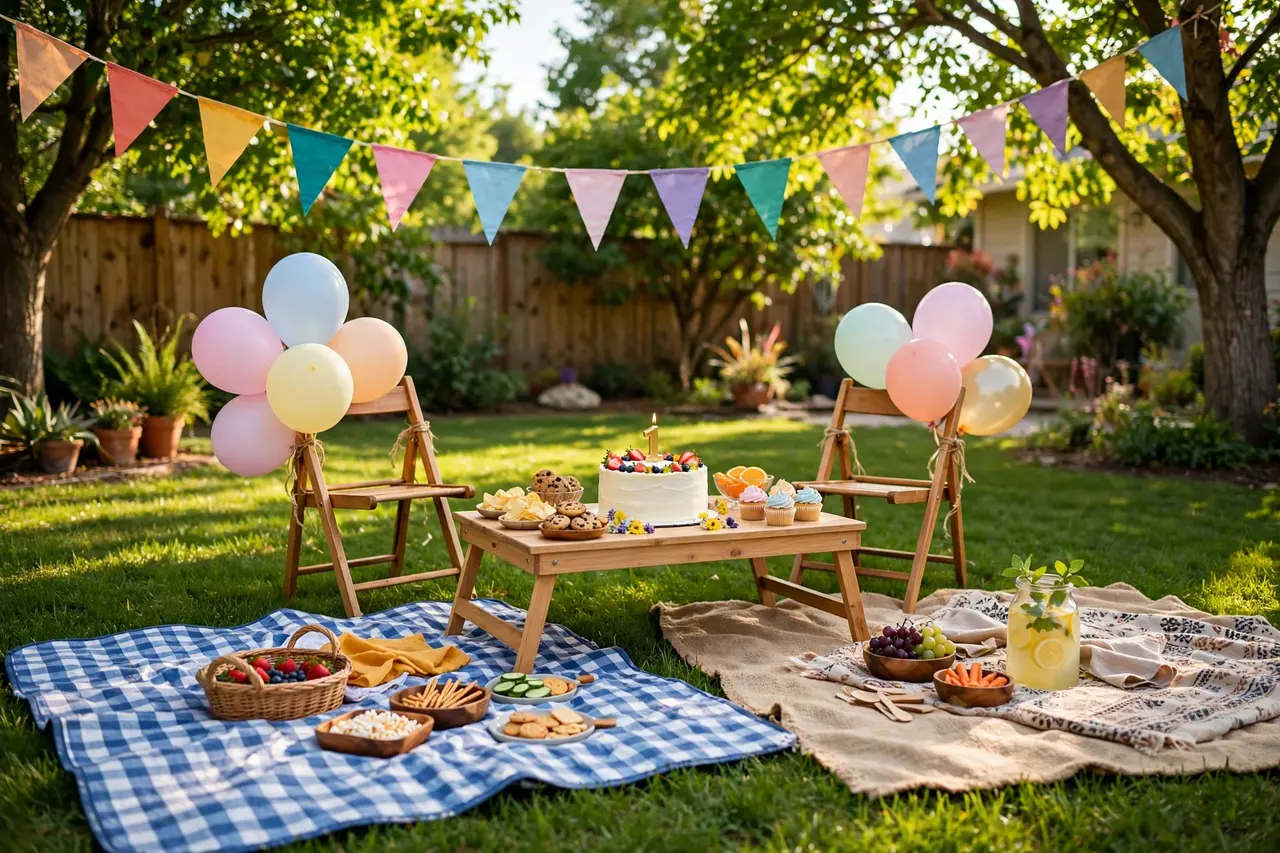 Outdoor birthday party ideas: backyard picnic celebration with bunting and balloons