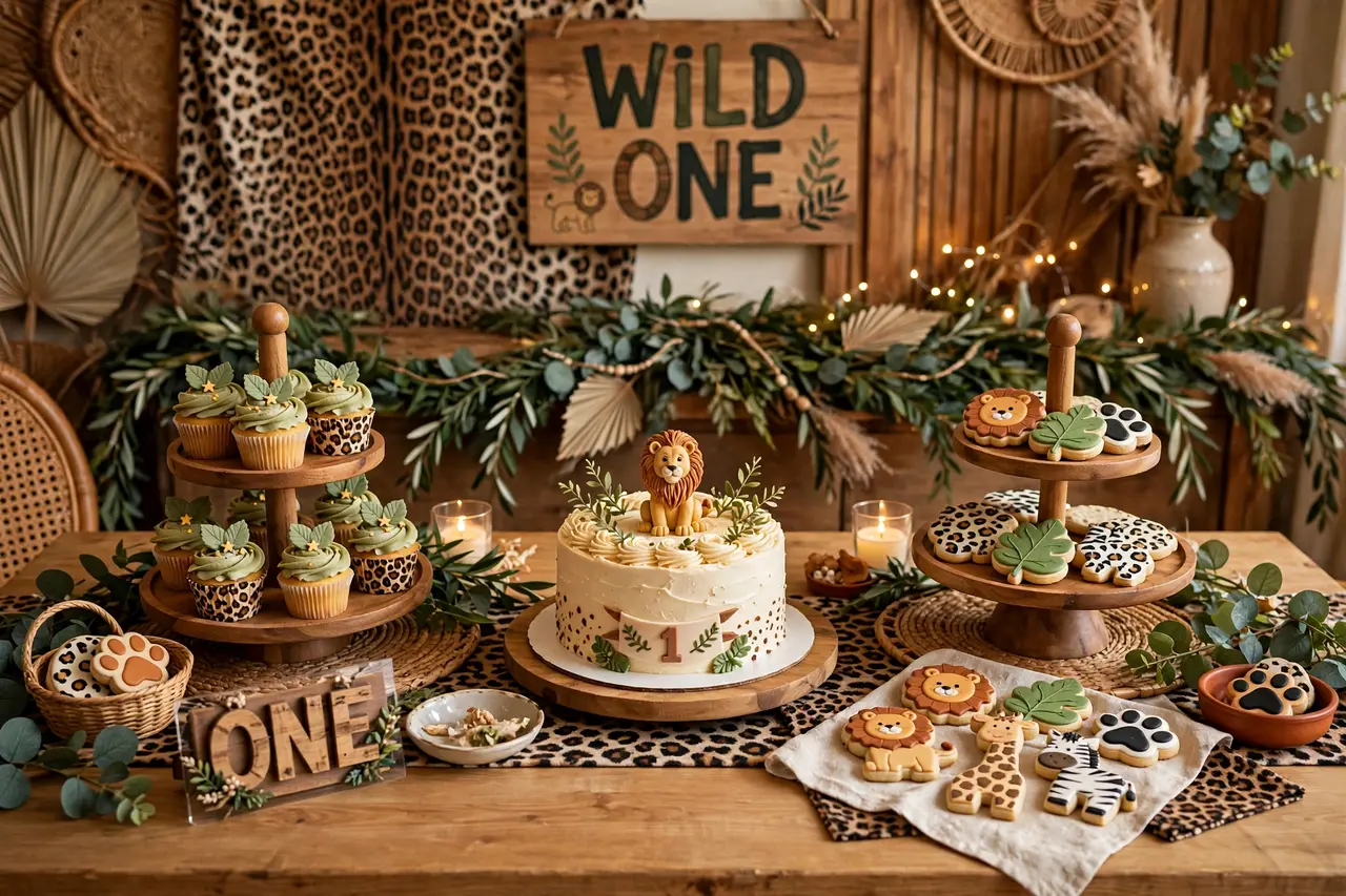 Safari wild one birthday party ideas: themed dessert table with lion cake