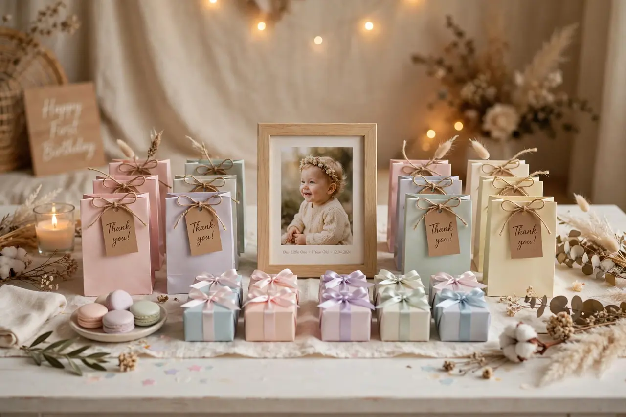 First birthday party ideas: favor table with gift bags and baby photo
