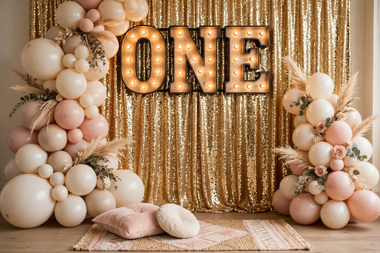 Birthday party ideas photo backdrop: gold sequin curtain with ONE sign